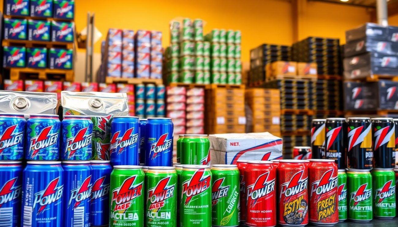 A high-energy display of various energy drink packaging options, showcasing an assortment of cans, bottles, and multi-packs. The foreground features a dynamic arrangement of Power Horse drink containers in vibrant blues, greens, and reds, catching the eye with their bold, eye-catching designs. In the middle ground, stacks of neatly arranged cases and pallets suggest a well-stocked warehouse, ready to ship these potent elixirs to eager customers across Europe. The background bathes the scene in a warm, golden light, evoking a sense of productivity and efficiency. Crisp, detailed textures and subtle reflections add depth and realism to the image, inviting the viewer to visualize the high-quality products and efficient logistics that Power Horse Drink Wholesale Europe provides.