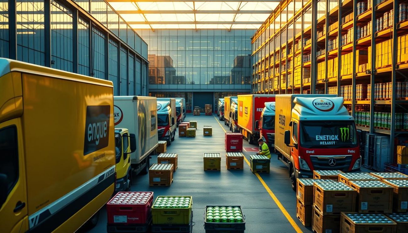 A high-energy, dynamic distribution hub for a leading UK energy drink brand. The foreground features a fleet of delivery vans and trucks, their logos emblazoned on the sides, loading and unloading crates of vibrant, colorful cans. In the middle ground, workers in bright uniforms efficiently coordinate the shipments, while state-of-the-art warehouse shelving and loading equipment suggest a well-oiled, high-tech operation. The background showcases the company's modern, glass-and-steel headquarters, bathed in warm, golden-hour lighting that imbues the scene with a sense of productivity and hustle. Capturing the brand's commitment to fast, reliable delivery, the image conveys a palpable energy and urgency befitting the subject matter.