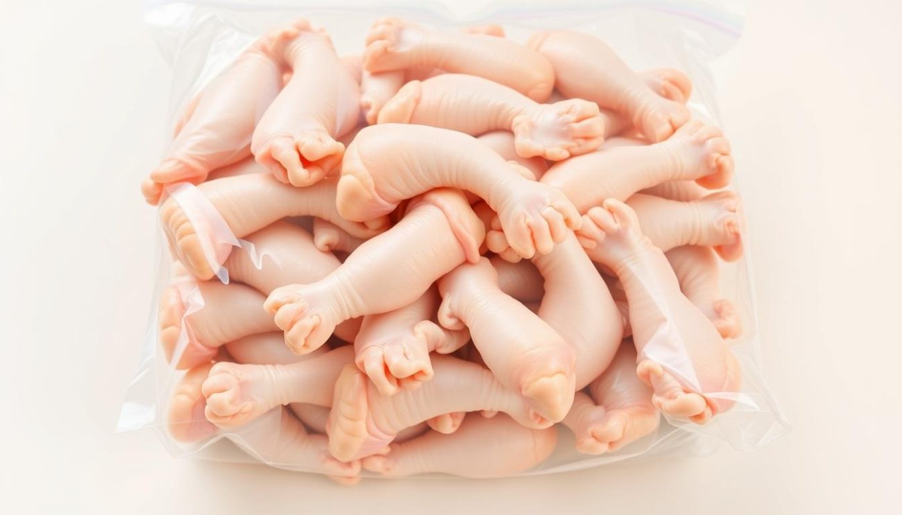 A high-quality, close-up photograph of frozen chicken feet stacked in a large, clear plastic bag, placed on a simple light-colored background. The feet are evenly distributed, with some slightly overlapping, showcasing their distinctive shape and texture. The lighting is soft and even, illuminating the translucent skin and bony structure of the feet. The image has a clean, minimalist aesthetic, focusing solely on the subject matter to highlight its wholesomeness and suitability for bulk purchase.