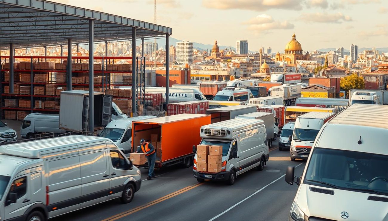 A high-quality, detailed image of a bustling logistics and delivery operation in Spain. The foreground depicts a fleet of delivery vans and trucks loading and unloading various cargo, with workers efficiently moving packages onto and off the vehicles. The middle ground shows a modern, well-organized warehouse facility with racks of stored goods. The background features a cityscape with a mix of modern and historic architecture, reflecting the diverse character of Spain. The scene is illuminated by warm, natural lighting, creating a sense of productivity and efficiency. The overall mood conveys the reliable, seamless nature of the logistics and delivery services offered.