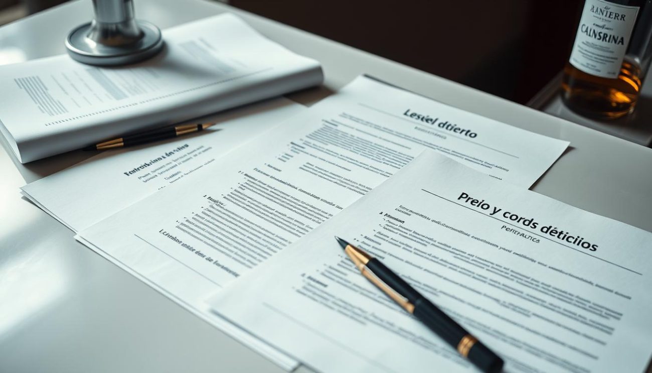 A high-quality, detailed image of "precio y condiciones de venta" that aligns with the article subject. A well-lit, crisp and clean tabletop scene showcasing a set of official-looking legal documents, contracts, and price lists. The documents are neatly arranged on a sleek, modern desk with a muted color palette, conveying a sense of professionalism and authority. Subtle shadows and highlights accentuate the textures and details of the various papers. The overall composition creates a sense of transparency, order, and attention to important sales terms and conditions. The image should feel suitable for an article about a high-end liquor distributor.