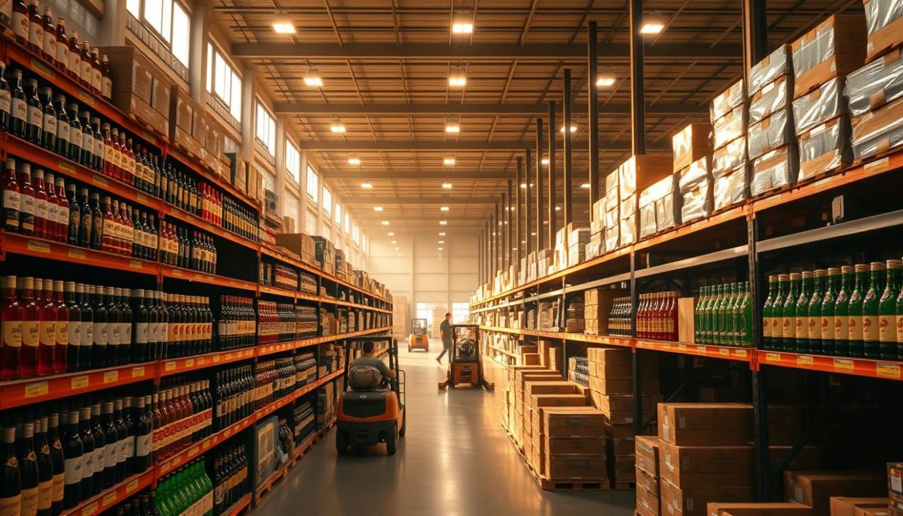 A high-quality drinks distributor warehouse, illuminated by warm, natural lighting filtering through large windows. The foreground showcases an array of neatly stocked shelves displaying a diverse selection of premium beverages, their labels and packaging meticulously designed. In the middle ground, forklift operators efficiently move pallets, while the background reveals a sprawling distribution center with sleek, modern architecture and an atmosphere of professional efficiency. The overall scene conveys a sense of reliability, attention to detail, and a commitment to delivering top-quality products across Europe.