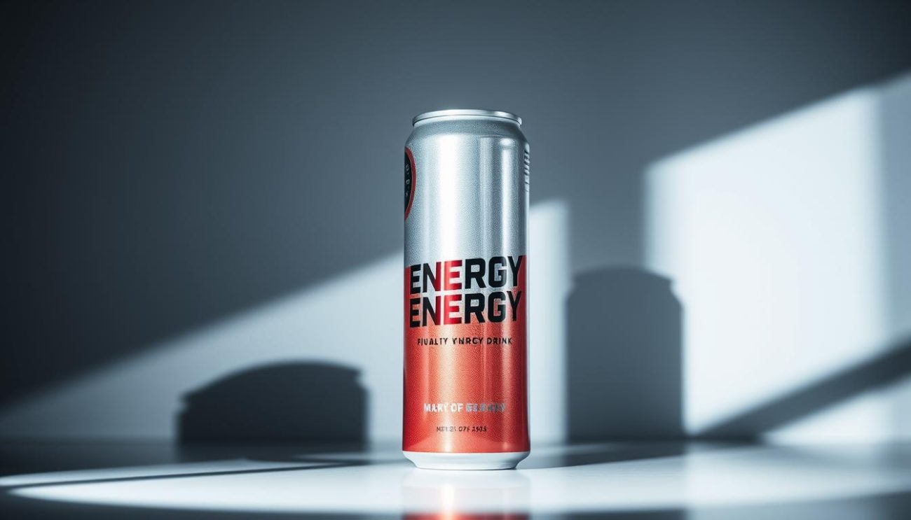 A high-quality energy drink in a sleek, aluminum can with a glossy, vibrant label. The can is positioned in a well-lit, modern setting, casting dramatic shadows that accentuate its metallic sheen. The background features a clean, minimalist design, with a subtle gradient or textured pattern that complements the drink's branding. The overall composition exudes a sense of sophistication, energy, and premium quality, reflecting the exceptional nature of the energy drink product.