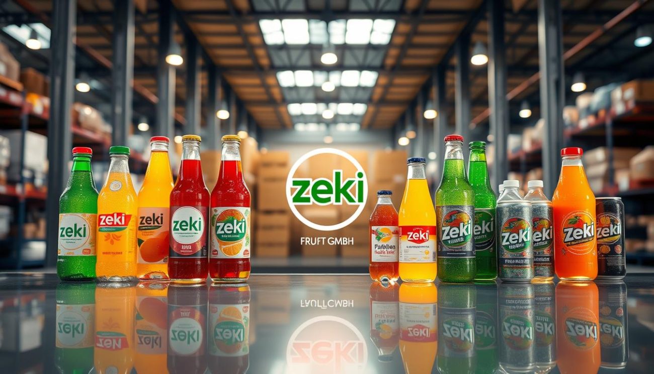 A high-quality, glossy product display showcasing a diverse range of hydration drinks from Zeki Frucht GmbH. The foreground features an array of vibrant, chilled beverage bottles and cans, neatly arranged on a sleek, reflective surface. The middle ground highlights the company's logo and branding, with a modern, minimalist design. The background depicts a softly-lit, airy warehouse setting, conveying a sense of professionalism and export-readiness. Warm, indirect lighting creates a premium, appetizing atmosphere, highlighting the visual appeal of the thirst-quenching products. Captured with a wide-angle lens to emphasize the depth and scale of the wholesaler's hydration drink selection.
