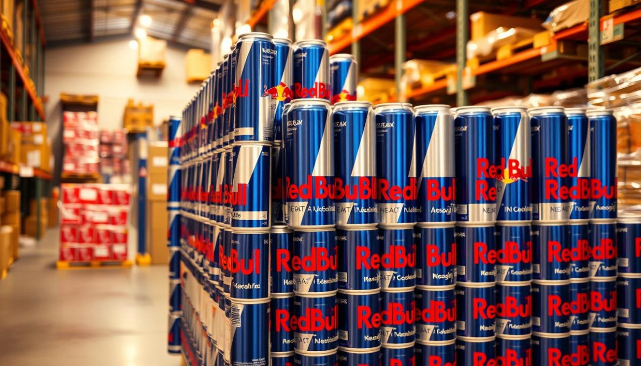 A high-quality image of Red Bull cans stacked in a wholesale warehouse setting. The cans are arranged in an organized, tiered display, showcasing their iconic red and blue branding. The lighting is warm and diffused, creating a soft, inviting atmosphere. The camera angle is slightly elevated, providing a bird's-eye view of the scene, emphasizing the scale and quantity of the product. The background features shelving, pallets, and other warehouse elements, conveying a sense of a professional, well-stocked supply. The overall composition and lighting are designed to highlight the product's prominence and appeal to potential wholesale buyers.