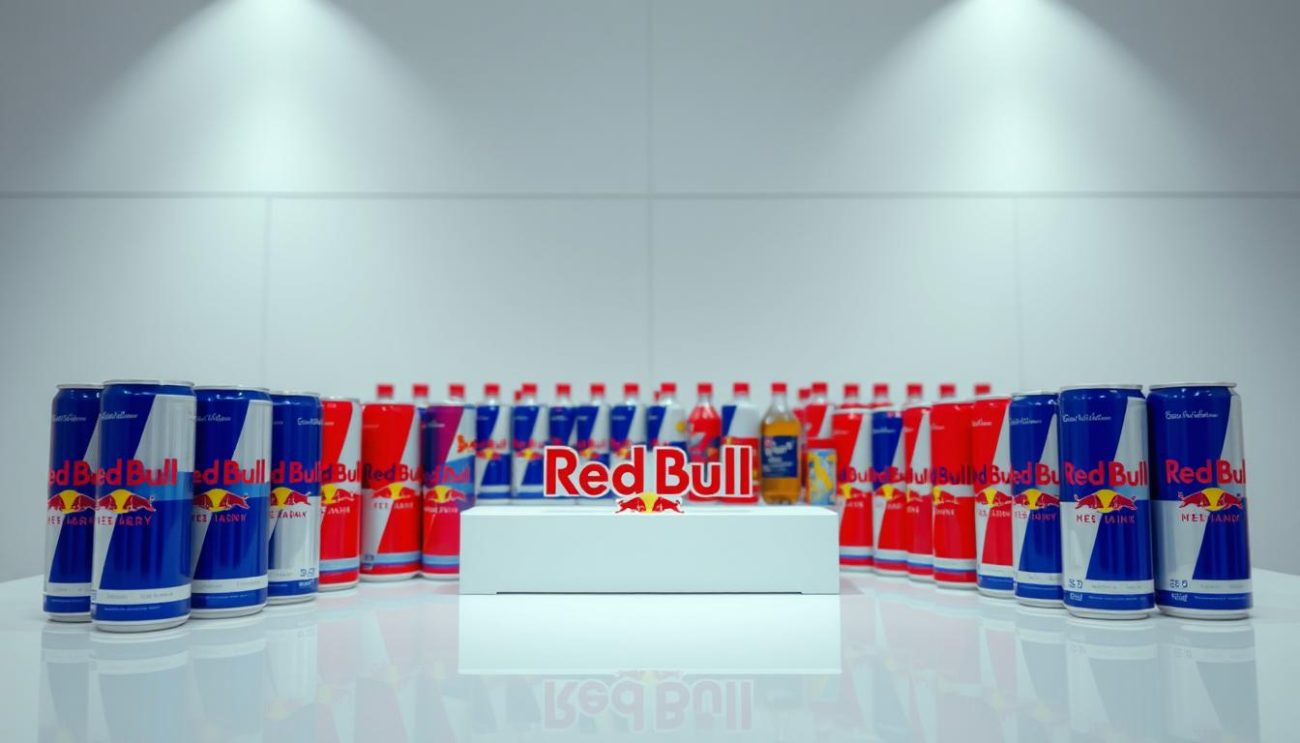 A high-quality image of a Red Bull Energy Drink wholesale pricing display. The foreground features an array of Red Bull cans and bottles in a clean, organized grid layout, showcasing the different product sizes and varieties. The middle ground depicts a sleek, minimalist table or display stand, with a smooth, reflective surface that amplifies the vibrant Red Bull branding. The background is a softly lit, neutral-toned environment, creating a sense of professionalism and attention to detail. The lighting is bright and evenly distributed, highlighting the crisp, vibrant colors of the Red Bull packaging. The camera angle is slightly elevated, providing a clear, unobstructed view of the entire display. The overall mood is one of efficiency, reliability, and competitive pricing for the wholesale Red Bull market.
