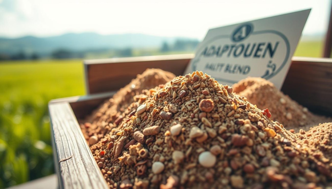 A high-quality image of an artisanal adaptogen blend showcased in a wooden crate or display. The foreground features a close-up view of the various organic powders blended together, with a vibrant, earthy color palette. The middle ground shows the crate or display with a rustic, natural aesthetic, potentially with a label or branding elements. The background depicts a serene, sunlit setting, perhaps a lush green field or a cozy Austrian countryside landscape, conveying a sense of purity and authenticity. The lighting is soft and warm, highlighting the natural textures and nuances of the adaptogen blend. The overall composition and mood evoke a sense of wholesome, premium-quality health products from a trusted local supplier.