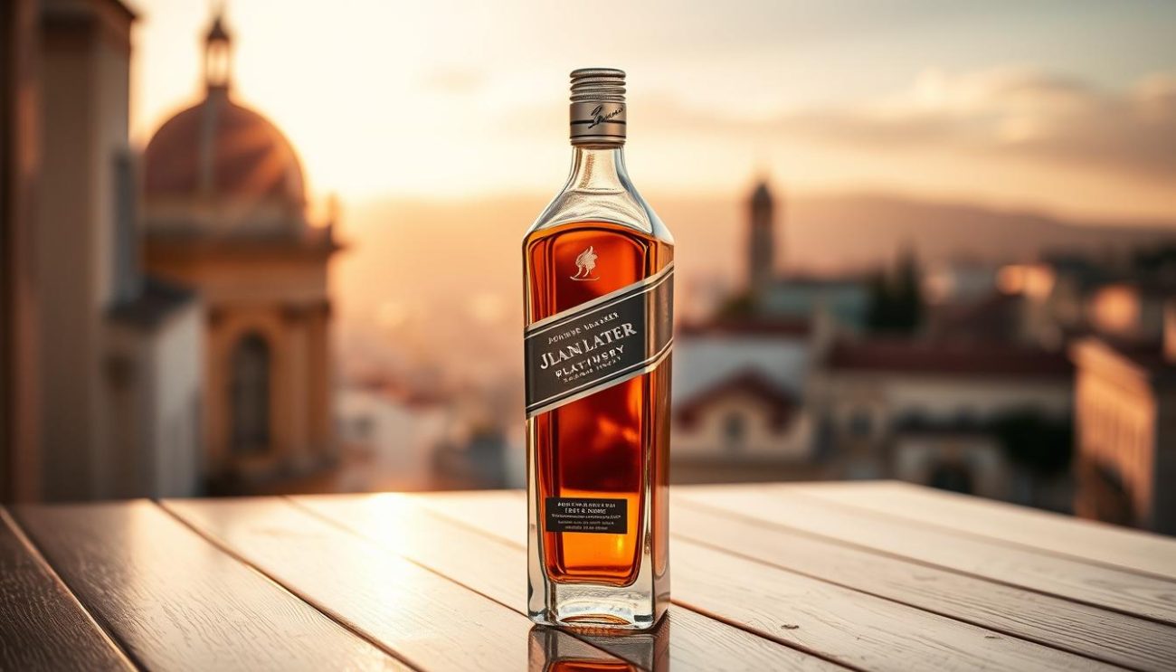 A high-quality image of the price of Johnnie Walker Platinum Label in Spain. A glass bottle of the premium blended Scotch whisky is prominently displayed on a reflective wooden surface, illuminated by warm, natural lighting. The bottle's elegant platinum label and branding are clearly visible. In the background, a soft, blurred Spanish landscape or cityscape sets the scene. The image conveys a sense of luxury, exclusivity, and the premium positioning of this whisky product within the Spanish market.