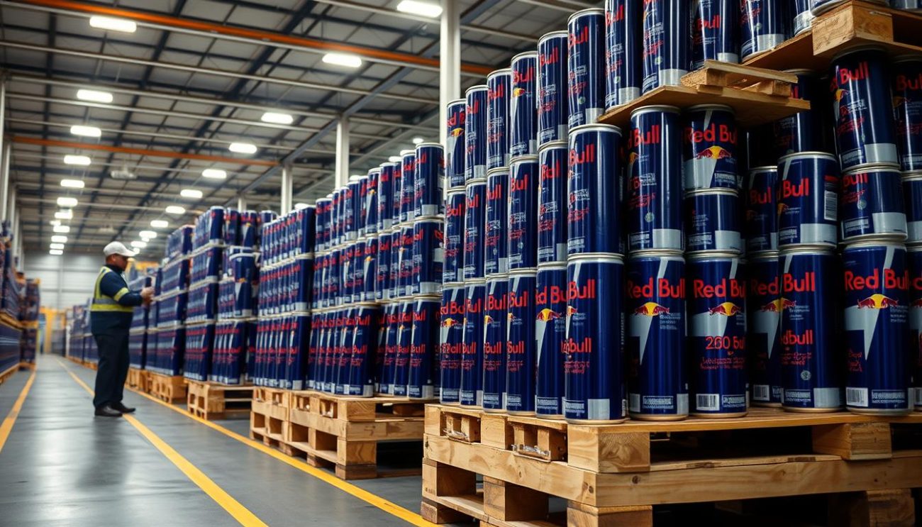 A high-quality, industrial-scale quality assurance process for energy drink pallets in a modern warehouse. Rows of precisely stacked 250ml Red Bull cans on robust wooden pallets, meticulously inspected under bright, evenly distributed lighting. Skilled workers in protective gear carefully examine each pallet, ensuring consistent branding, seals, and structural integrity before they are loaded onto delivery trucks. The scene exudes a sense of efficiency, attention to detail, and a commitment to delivering a premium product to European wholesale partners.