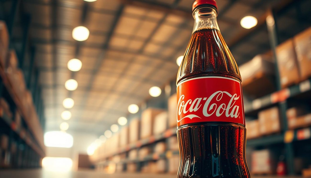 A high-quality, large Coca-Cola 330ml bottle, photographed from a low angle, bathed in warm, golden lighting. The bottle is positioned prominently in the foreground, with a blurred, atmospheric background suggesting a wholesale warehouse or distribution center. The bottle's label is clearly visible, showcasing the iconic Coca-Cola branding and design. The image conveys a sense of abundance, value, and the advantages of purchasing beverages in bulk for commercial purposes.