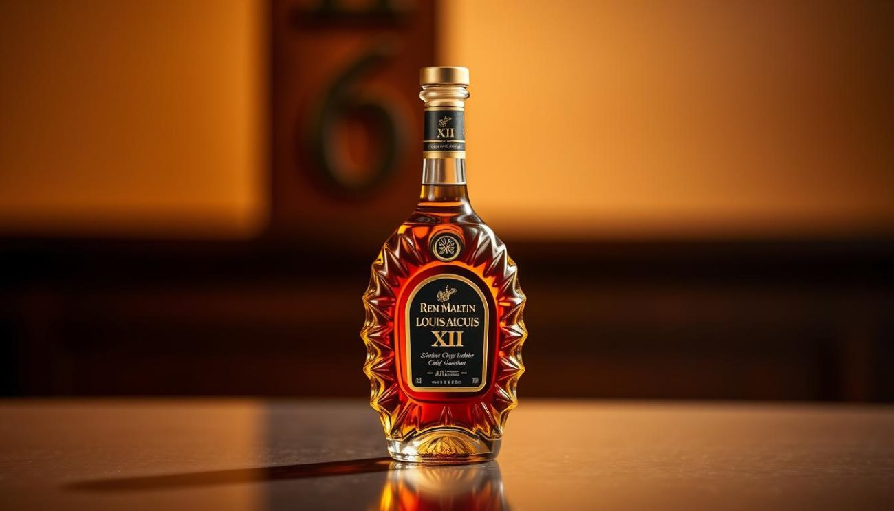 A high-quality, photo-realistic image of the Rémy Martin Louis XIII cognac bottle. The bottle should be the dominant subject, placed in the center of the frame with a slight angle to showcase its elegant, distinctive design. The bottle should be well-lit, with warm, golden tones reflecting the rich, amber color of the cognac inside. The background should be a soft, blurred, and muted color palette, allowing the bottle to stand out. The overall mood should convey a sense of luxury, sophistication, and the storied history of this premium cognac brand. The image should capture the essence of the "Tendências no Mercado de Cognac" section, highlighting the iconic Rémy Martin Louis XIII as a leading product in the premium cognac market.