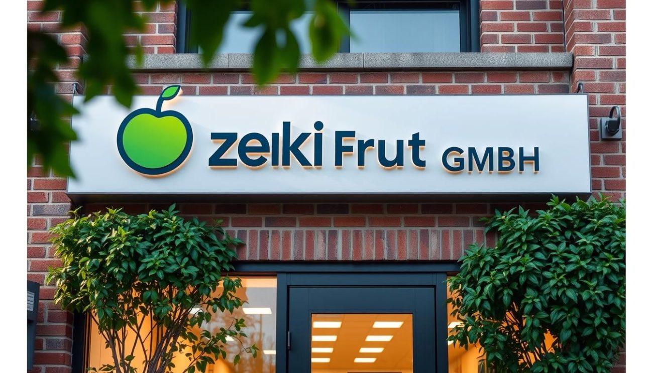 A high-quality, photorealistic image of the Zeki Frucht GmbH logo and company signage. The logo is prominently displayed, featuring a stylized fruit icon and the company name in bold, modern typography. The signage is mounted on the facade of a well-maintained, brick commercial building, with lush, verdant plants framing the entrance. The scene is illuminated by warm, natural lighting, creating a sense of trust, reliability, and professionalism. The overall composition is balanced and visually appealing, effectively conveying the company's reputation as a trusted provider.