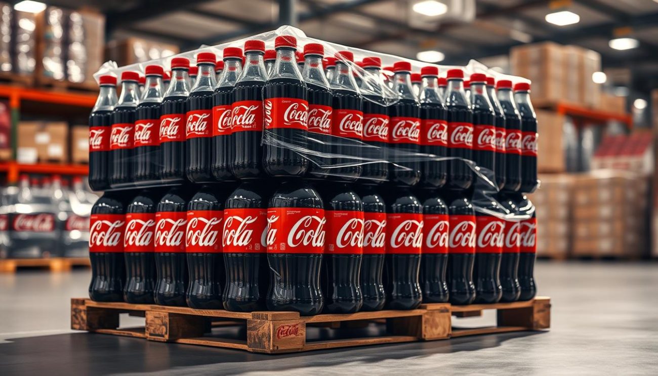 A high-quality product shot of a pallet of Coca-Cola 330ml bottles in a European wholesale distribution center. The pallet is stacked neatly, showcasing the iconic red and white branding. Soft, warm lighting illuminates the scene, casting gentle shadows and highlights on the bottles. The background is blurred, emphasizing the foreground pallet. The overall mood is one of quality, value, and convenience - reflecting the "wholesale" nature of the offering. The image should convey a sense of scale, professionalism, and the appealing nature of this bulk Coca-Cola product for the European market.