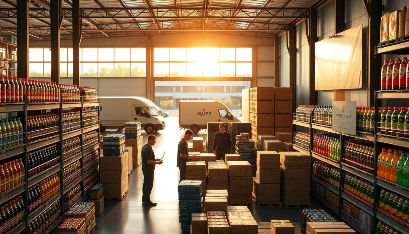 A high-quality, professional sports drink wholesale provider facility, showcasing a modern warehouse interior with rows of shelves stocked with various branded sports drink bottles and cans. The scene is bathed in warm, natural lighting filtering through large windows, creating a bright and inviting atmosphere. In the foreground, a team of logistics workers is meticulously organizing and preparing shipments, reflecting the company's efficient and customer-focused operations. The middle ground features branded displays and signage highlighting the company's product range and partnerships. The background depicts the exterior of the warehouse, with delivery trucks and signage emphasizing the business's role as a trusted wholesale supplier serving the European sports nutrition market.