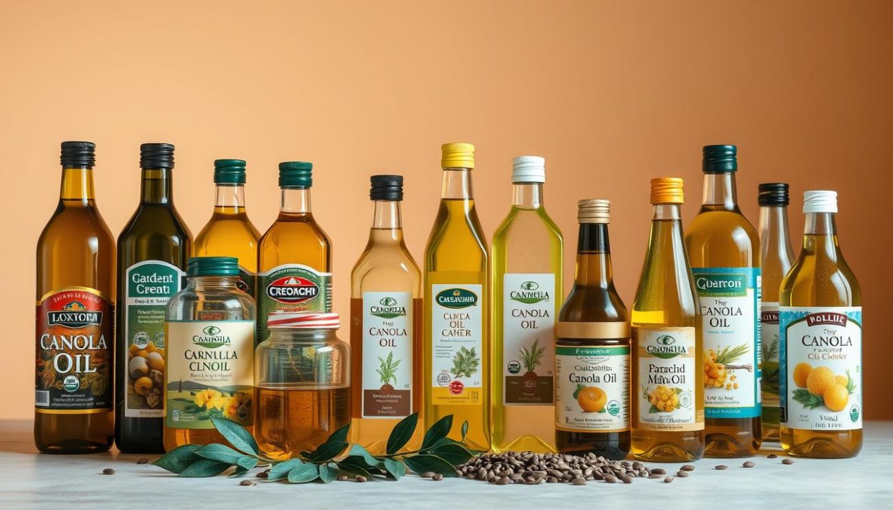 A high-quality still life featuring various bottles and jars of different canola oil varieties against a clean, soft-lit background. The foreground showcases an assortment of canola oil bottles with diverse labels, colors, and shapes, capturing the diversity of this versatile oil. The middle ground features some leaves, seeds, or other botanical elements to reinforce the natural, agricultural theme. The background is muted and minimalist, allowing the oils to be the focal point. The lighting is warm and diffused, creating a cohesive, inviting atmosphere. The camera angle is slightly elevated to provide a dynamic, slightly bird's-eye perspective on the arrangement.