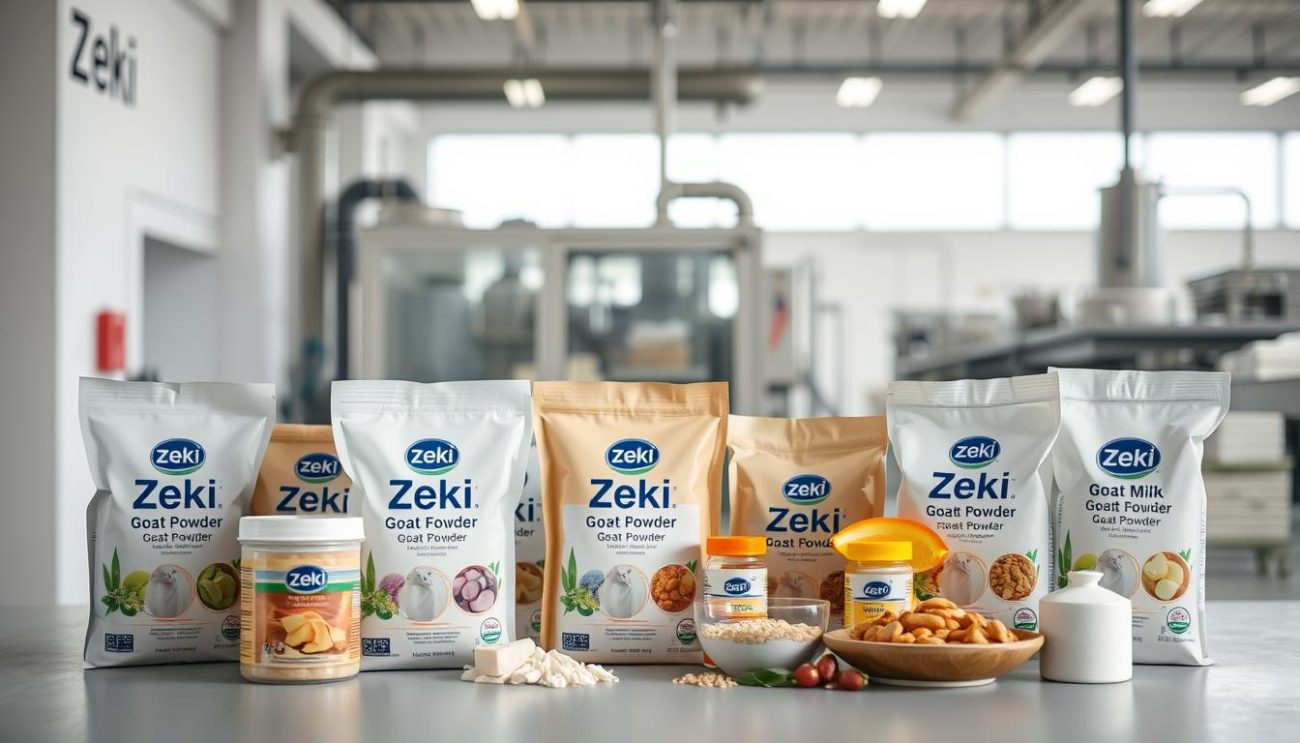 A high-quality, well-lit close-up shot of various Zeki Frucht GmbH products against a clean, minimalist backdrop. In the foreground, an arrangement of goat milk powder packages showcasing their premium quality and branding. In the middle ground, additional products like nutritional supplements and dairy-based foods. In the background, a soft, out-of-focus view of the company's modern, state-of-the-art production facility, conveying a sense of professionalism and quality control. The overall mood is one of trust, reliability, and attention to detail - qualities that exemplify Zeki Frucht GmbH as a leading B2B supplier of premium goat milk powder.