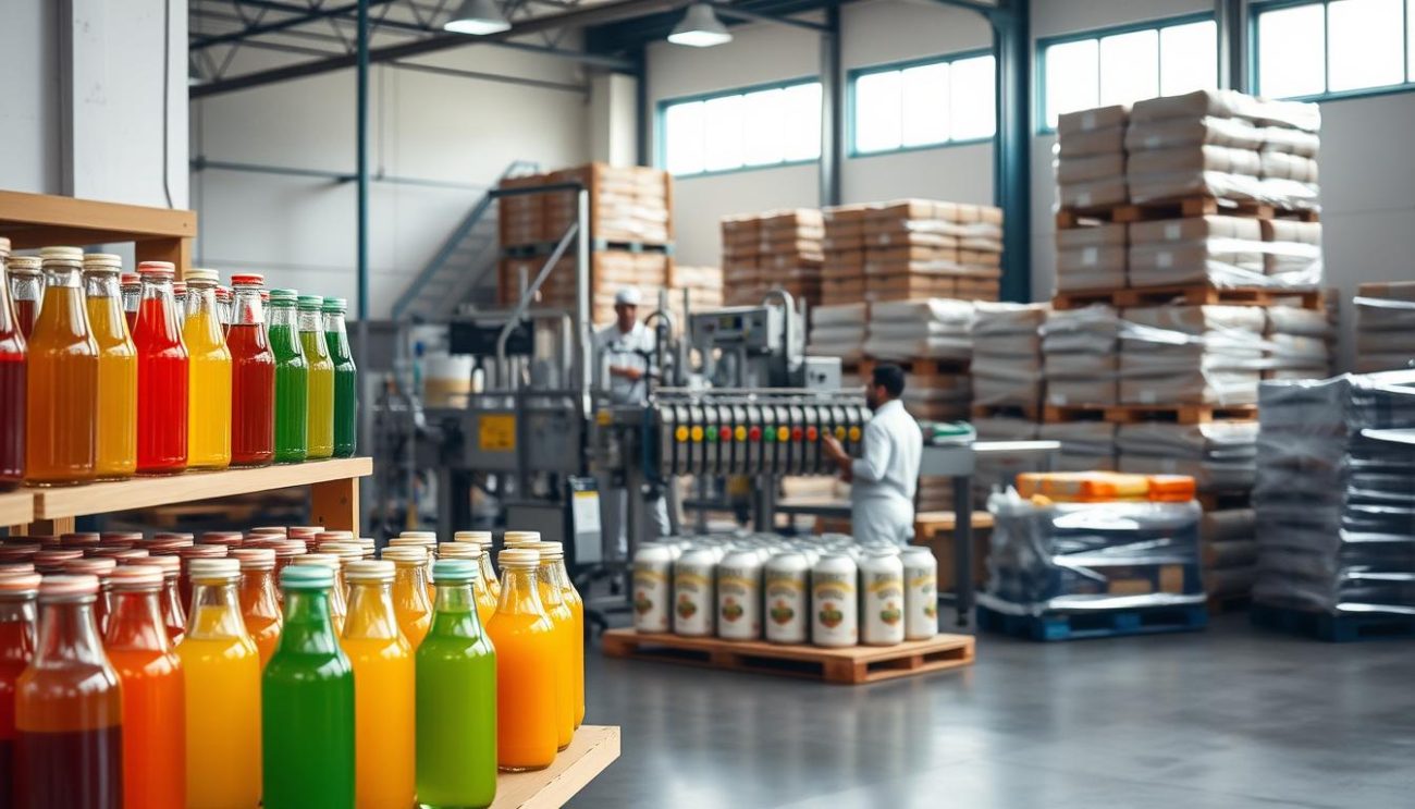 A high-quality, well-lit photograph of a superfood beverage distributor's warehouse interior. In the foreground, an array of brightly colored glass bottles and cans of various superfood drinks, expertly arranged on wooden shelves. The middle ground showcases a modern, stainless steel bottling line, with workers in white uniforms carefully monitoring the process. In the background, large windows let in natural light, illuminating pallets stacked high with imported superfood ingredients. The overall atmosphere conveys a sense of efficiency, quality, and global reach - reflecting the company's focus on delivering premium, export-ready superfood products.