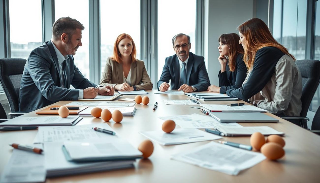 A high-resolution, detailed image of a business meeting discussing regulations and guidelines for the wholesale production and distribution of brown and white eggs in Europe. The foreground depicts a conference table with various documents, notebooks, and pens scattered across the surface, suggesting an active discussion. The middle ground shows several serious-looking business professionals engaged in a lively conversation, their expressions conveying the importance of the topic at hand. The background features a modern, minimalist office setting with floor-to-ceiling windows, allowing natural light to flood the scene and create a sense of professionalism and authority. The overall mood is one of diligence, precision, and a commitment to upholding the relevant legal and industry standards.