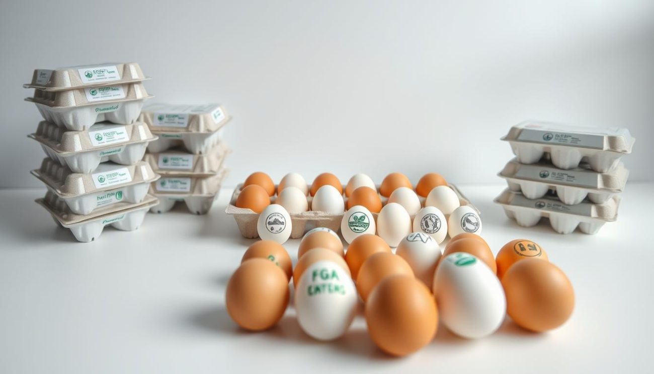 A high-resolution image of a pristine white table showcasing a variety of European egg certification labels and seals. The foreground features several stacks of egg cartons with clearly visible certification emblems, including organic, free-range, and traditional production methods. In the middle ground, an assortment of individual egg shells in various shades of white and brown are displayed, each adorned with their respective certification stamps. The background depicts a clean, minimalist space with soft, diffused lighting accentuating the simplicity and purity of the scene, creating a sense of quality and attention to detail.