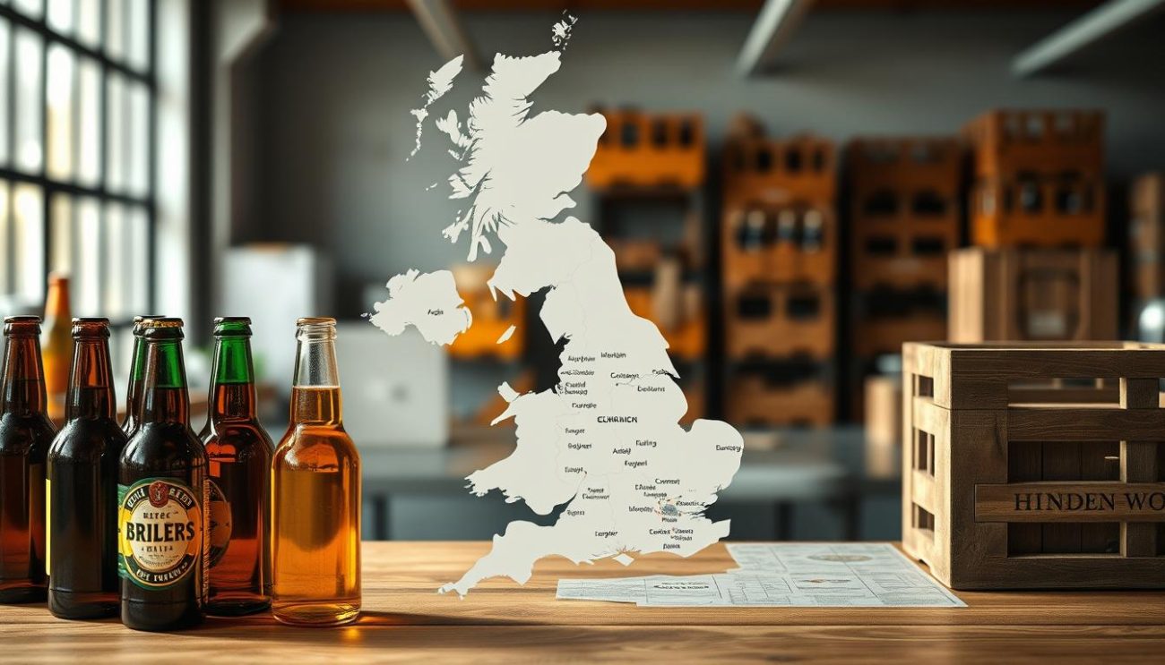 A high-resolution, photorealistic image of a map of the United Kingdom, with a clear focus on the delivery areas of a wholesale beer supplier. The map is displayed on a wooden table, with a soft, natural lighting illuminating the details. The foreground showcases various beer bottles and crates, suggesting the products being delivered. The middle ground features the map, with clearly delineated regions and cities highlighted to represent the supplier's coverage area. The background features a subtle, blurred office or warehouse setting, hinting at the business operations behind the deliveries. The overall atmosphere conveys a sense of professionalism, reliability, and attention to detail in the supplier's service.
