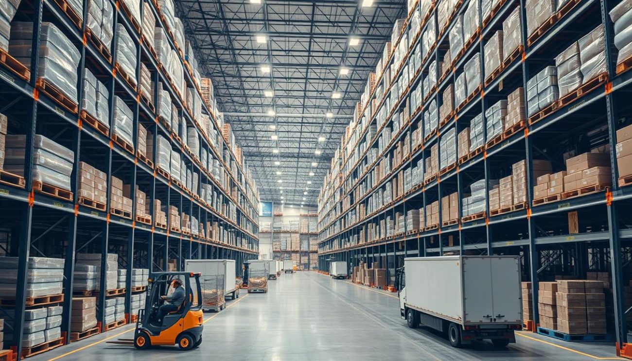 A high-tech warehouse bustling with efficiency. Towering shelves laden with neatly stacked pallets, each one brimming with bulky goods ready for distribution. Forklifts glide effortlessly, transporting the merchandise to waiting delivery trucks. Sophisticated logistics software tracks inventory in real-time, optimizing routes and streamlining the supply chain. Soft, even lighting illuminates the scene, casting a sense of order and precision. In the background, a panoramic view of the facility showcases its scale and scope, a testament to the brand's commitment to delivering products swiftly and reliably.