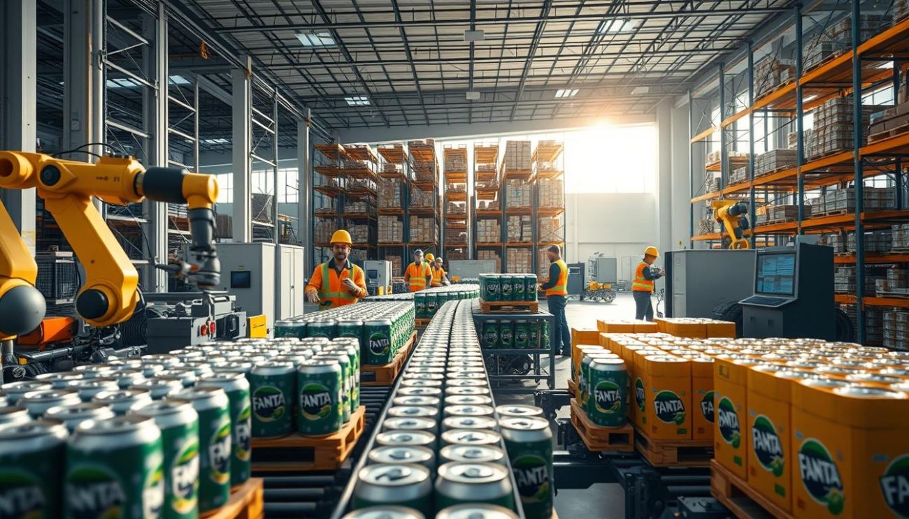 A highly efficient logistics process taking place in a modern, well-organized warehouse. In the foreground, robotic arms swiftly move pallets of Fanta cans onto a conveyor belt. In the middle ground, workers in bright uniforms oversee the operation, monitoring digital dashboards and coordinating deliveries. The background reveals towering storage racks, automated inventory systems, and energy-efficient LED lighting that creates a warm, productive atmosphere. Sunlight streams in through large windows, casting long shadows and highlighting the precision and dynamism of this logistical marvel. The overall scene conveys a sense of streamlined efficiency, advanced technology, and a well-oiled supply chain ready to swiftly deliver Fanta products to wholesale customers.