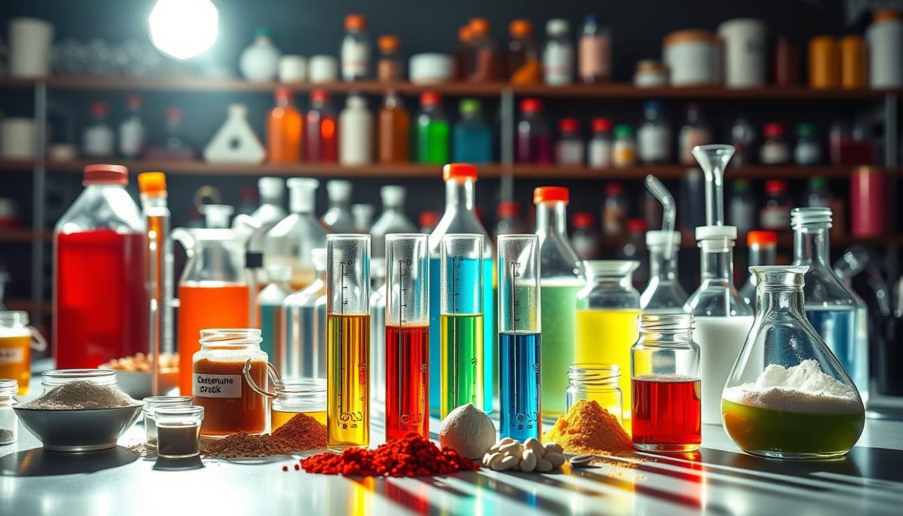 A laboratory-style arrangement of sugar-free energy drink ingredients, including test tubes, beakers, and vials filled with colorful liquids and powders. The scene is illuminated by bright, directional lighting that casts dramatic shadows, creating a sense of scientific experimentation. The foreground features the key components - caffeine, vitamins, and electrolytes - while the background showcases an organized array of bottles, jars, and equipment, conveying a sense of innovation and quality control. The overall mood is one of precision, innovation, and a commitment to providing a healthy, effective energy boost.