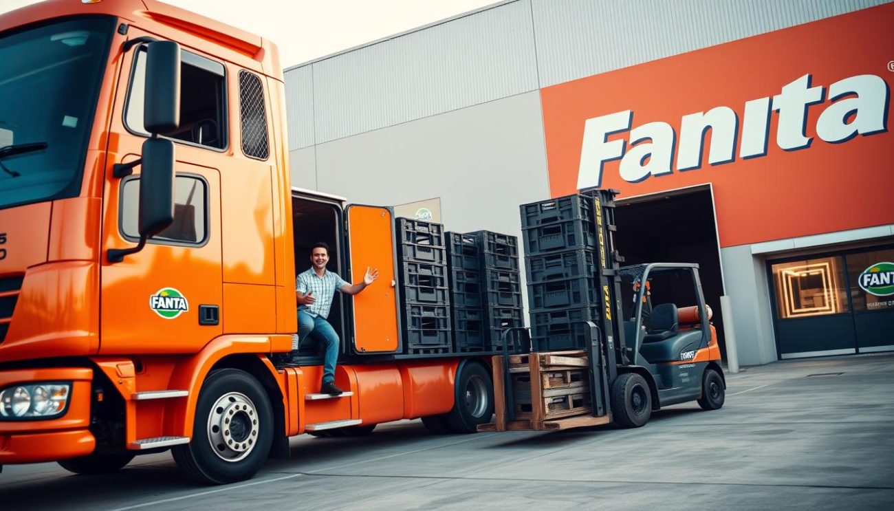A large Fanta delivery truck, its bright orange exterior gleaming in the warm afternoon sunlight, pulls up to a warehouse loading dock. The driver, a friendly-looking individual, exits the vehicle and begins unloading several stacks of Fanta crates onto a waiting forklift. In the background, the warehouse facade is adorned with bold Fanta branding, creating a cohesive visual narrative. The scene is framed with a wide-angle lens, capturing the scale and efficiency of the delivery process, while the soft, diffused lighting lends an air of professionalism and reliability to the overall composition.