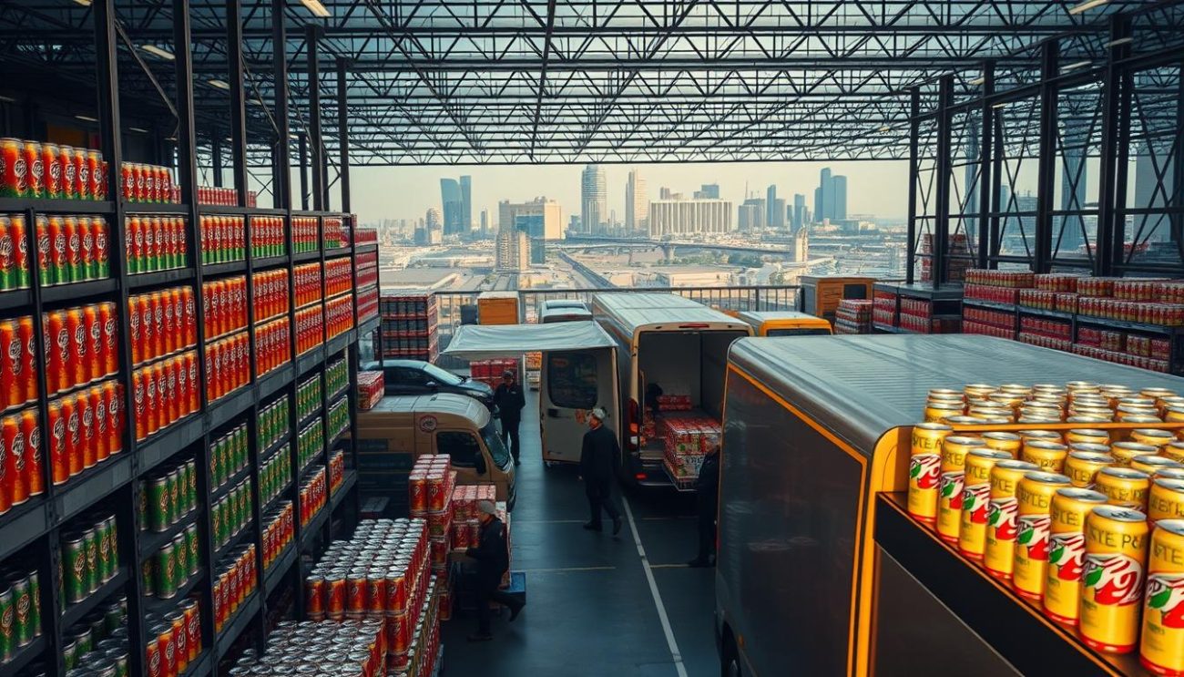 A large distribution warehouse in a bustling European city, bathed in warm, diffused lighting. Rows of shelves stocked with vibrant energy drink cans are being swiftly loaded onto delivery vans by a team of efficient warehouse workers. The scene conveys a sense of urgency and reliability, with the products being transported to retailers across the continent. In the background, a cityscape of modern high-rises and infrastructure, representing the widespread reach and logistical network of the energy drink brand. The overall composition captures the "Fast and Reliable Delivery" ethos of the Zeki Frucht distribution operation.