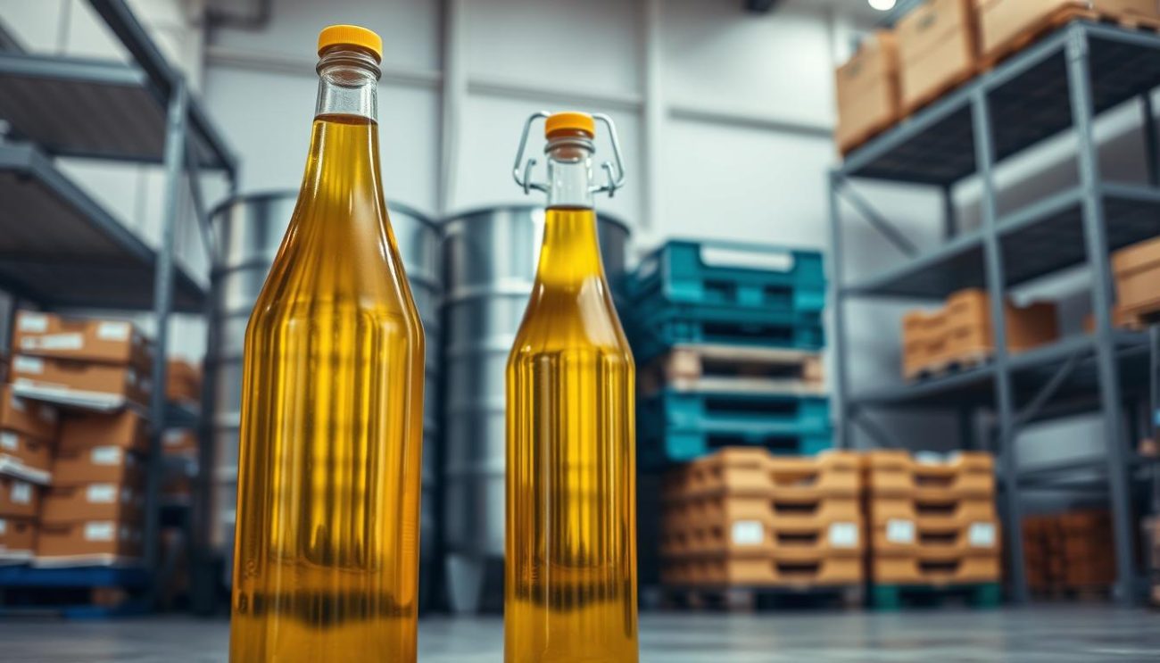 A large glass bottle filled with golden, viscous canola oil stands prominently in the foreground, catching the warm, soft lighting from above. Behind it, a sleek, metallic storage drum and several stacked crates suggest a well-stocked wholesale facility. In the background, a clean, modern industrial environment with concrete floors and steel shelving creates a professional, high-quality atmosphere. The overall scene conveys the abundance, purity, and reliability of the Zeki Frucht GmbH canola oil product range.