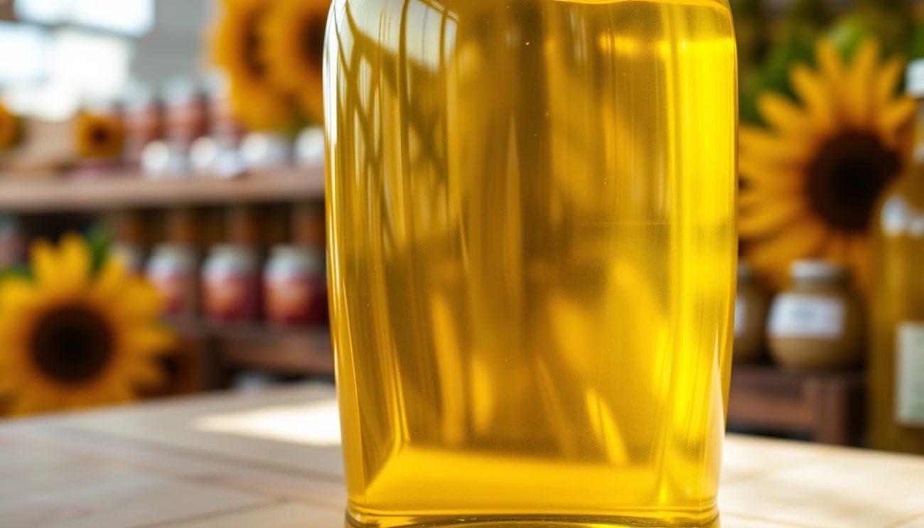 A large glass container filled with golden, viscous sunflower oil, its surface glistening under bright, natural lighting. The oil appears rich and pure, with minimal impurities. The container is placed on a wooden surface, perhaps a farmer's market stall or a store shelf, creating a rustic, authentic atmosphere. The background is slightly blurred, suggesting a focus on the central oil display. The overall scene evokes a sense of quality, freshness, and a connection to the source of the sunflower oil.