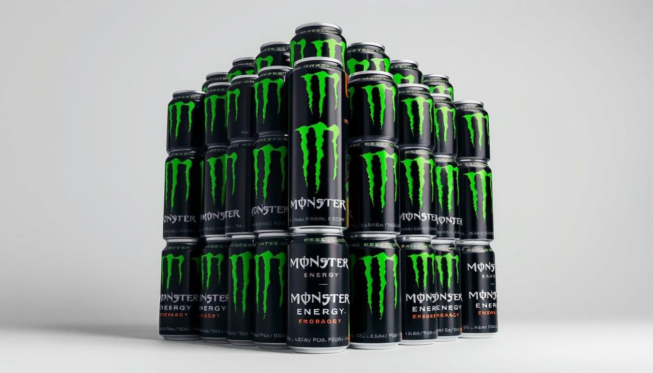A large, imposing stack of oversized Monster Energy drink cans set against a plain, neutral background. The cans are displayed in a well-lit, high-contrast setting, with subtle shadows and highlights accentuating their bold, vibrant green and black design. The overall composition conveys a sense of abundance and bulk, hinting at the cost-effective nature of purchasing these energy drinks in bulk. The image should feel polished and professional, suitable for use in a publication about the European bulk Monster Energy market.