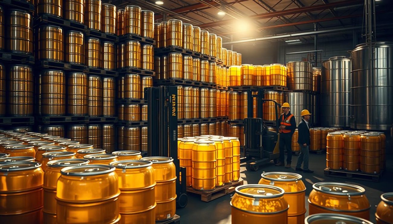 A large industrial warehouse filled with rows of stacked metal drums and tanks, all brimming with golden, translucent canola oil. The scene is bathed in warm, soft lighting, casting long shadows and highlighting the glossy surfaces. In the foreground, a forklift carefully moves a pallet loaded with freshly filled containers, while in the background, workers in protective gear supervise the efficient loading and distribution operations. The overall atmosphere conveys a sense of reliability, quality, and a well-oiled (pun intended) supply chain, ready to meet the demands of discerning European businesses.