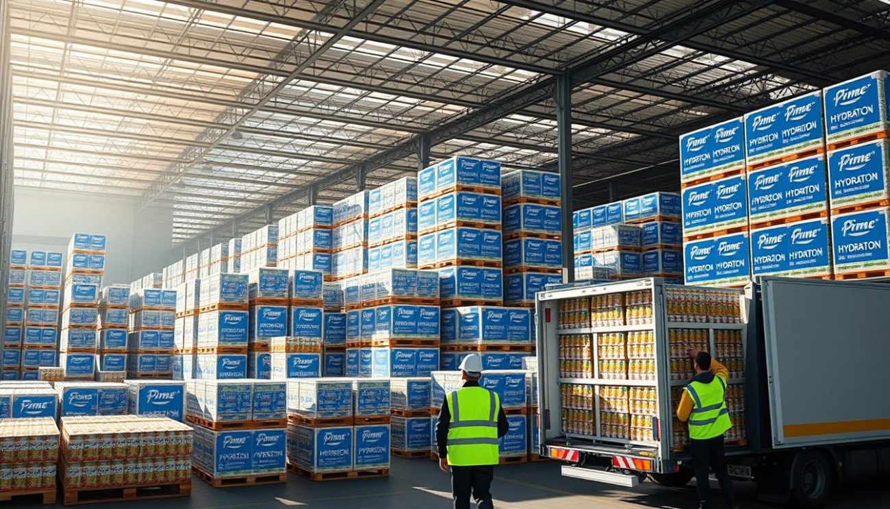 A large, modern European distribution warehouse with rows of neatly stacked pallets of Prime Hydration drink cases, ready for transport. Bright, natural lighting floods the space, casting long shadows and highlighting the sleek, efficient organization. In the foreground, workers in high-visibility safety gear are carefully inspecting and loading the pallets onto waiting delivery trucks, ensuring the smooth and secure distribution of this popular beverage across the European market.