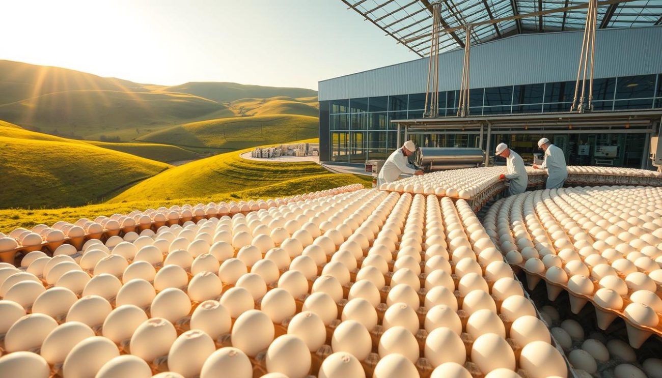 A large, modern egg processing facility surrounded by lush, rolling green hills. In the foreground, rows of clean, white cartons line the shelves, each neatly packed with gleaming, fresh eggs. Midground features workers in white uniforms carefully inspecting and packaging the eggs using state-of-the-art equipment. The background shows the facility's exterior, a sleek, steel-and-glass structure bathed in warm, golden sunlight, conveying a sense of efficiency, quality, and export-readiness. The overall atmosphere is one of precision, cleanliness, and attention to detail, reflecting the high standards expected of a leading European wholesale egg supplier.