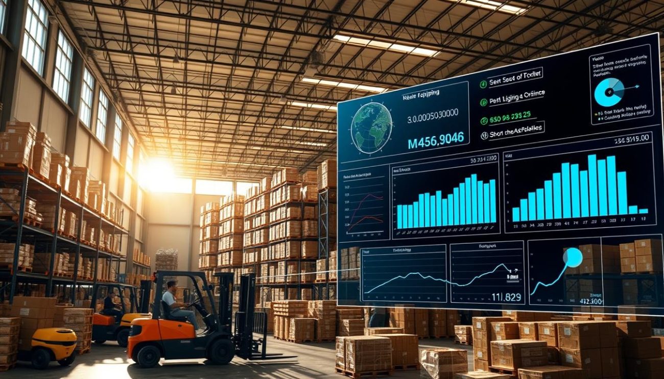 A large, modern logistics warehouse with high ceilings and rows of shelving units. Forklifts and workers in uniforms efficiently move boxes and pallets. Sunlight streams in through large windows, casting a warm glow over the scene. In the foreground, a display shows real-time shipping data and supply chain analytics, highlighting the reliability and transparency of the operation. The overall atmosphere conveys a sense of professionalism, organization, and dependability.