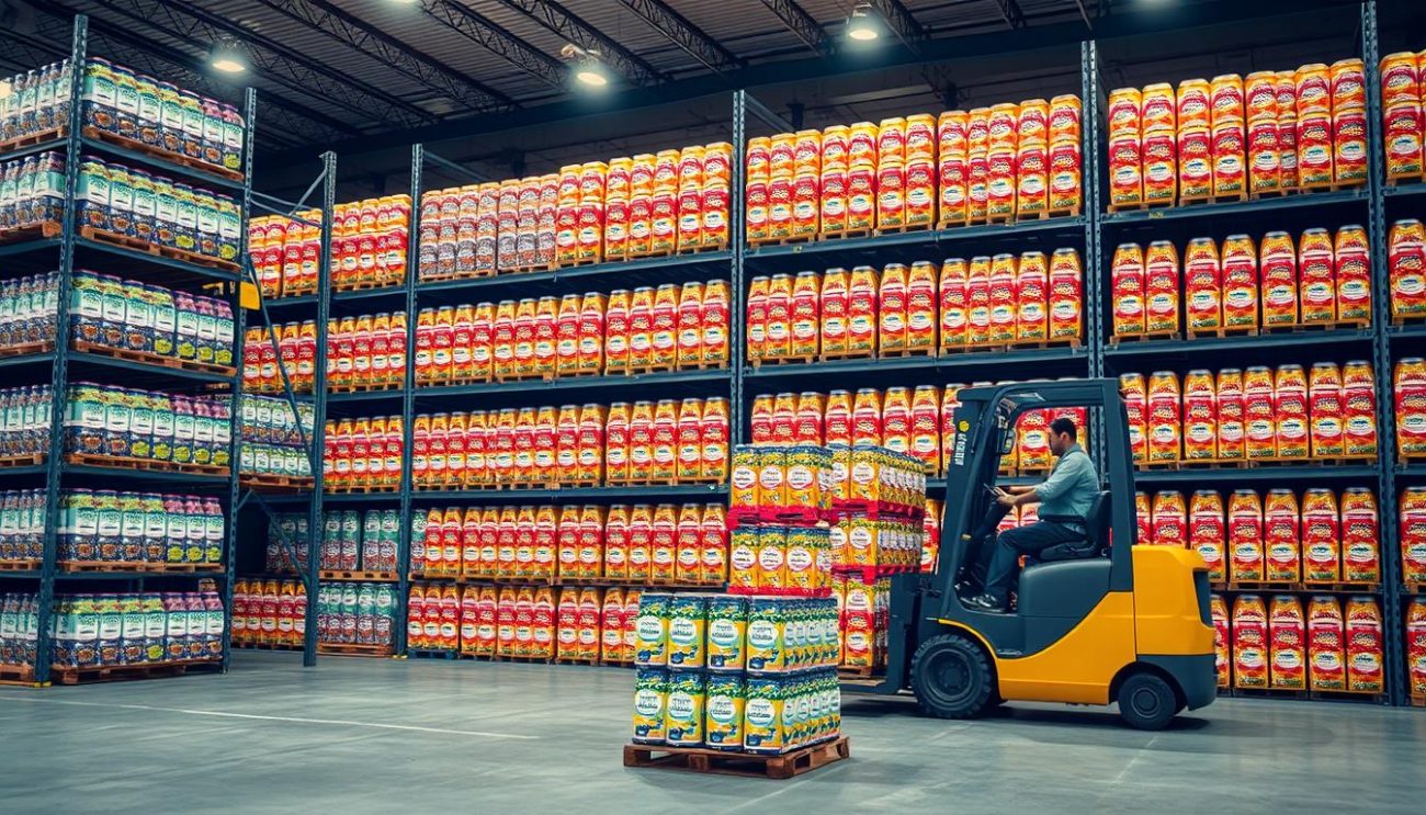 A large, modern warehouse interior filled with row upon row of neatly stacked, cube-shaped beverage packages in various flavors. The cubes are arranged on sturdy metal shelves, their vibrant labels and colors catching the warm, diffused lighting from overhead. In the foreground, a forklift operator carefully moves a pallet of the cubes, preparing them for shipment. The scene conveys efficiency, organization, and a sense of reliable wholesale supply for a discerning flavored water retailer.