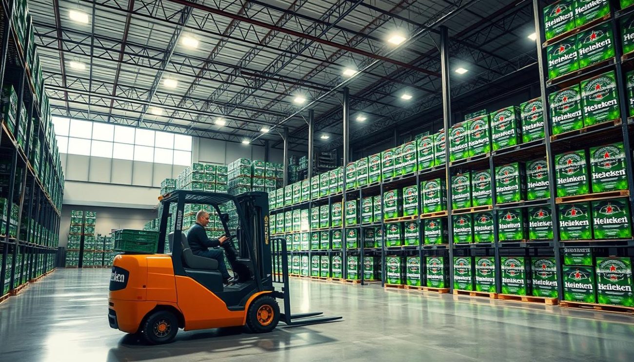 A large, modern warehouse interior with rows of neatly stacked Heineken beer crates. The scene is brightly lit from overhead, casting a warm, inviting glow on the gleaming metal shelves and pristine concrete floor. In the foreground, a forklift operator carefully navigates through the aisles, loading crates onto a delivery truck. The middle ground features orderly stacks of Heineken products, their iconic green bottles and labels prominently displayed. In the background, the warehouse's high ceilings and expansive windows provide a sense of scale and efficiency. The overall atmosphere conveys a well-organized, export-ready distribution facility capable of handling large-scale Heineken orders.