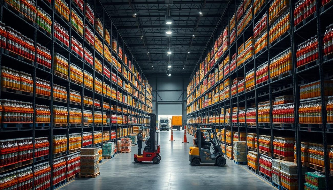 A large, modern warehouse interior with rows of sturdy metal shelving units stacked high with colorful crates and pallets filled with bottled fruit-flavored soft drinks. The dim ambient lighting casts long shadows, highlighting the organized chaos of the distribution network. Forklifts and workers in uniforms navigate the aisles, carefully maneuvering the pallets towards waiting delivery trucks at the loading docks visible in the background. The scene conveys a sense of efficiency, scale, and the complex logistics required to transport these beverages from the manufacturer to retailers across Europe.