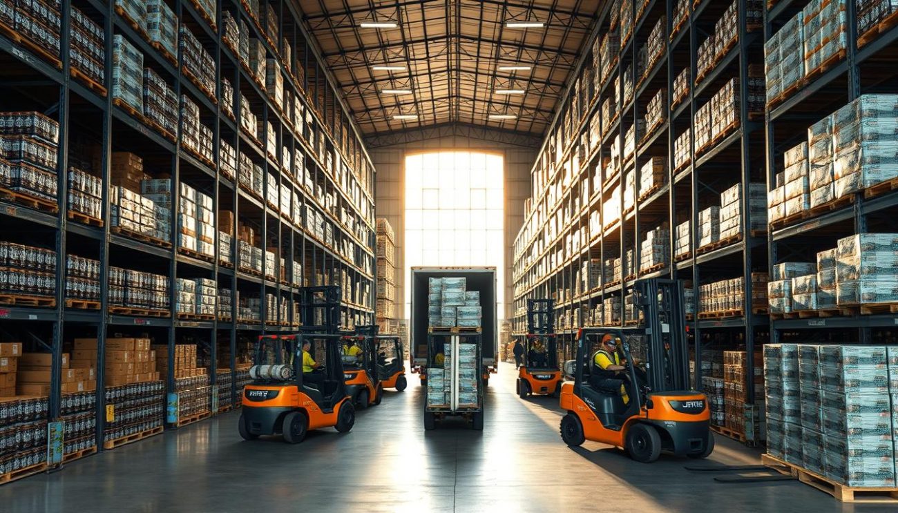 A large, modern warehouse interior with rows of towering metal shelves stocked with pallets of energy drink cases. Forklifts and workers move boxes, creating a bustling scene. Natural lighting streams in through high windows, casting long shadows. The focus is on the center, where several forklift operators carefully load a shipment of energy drink cases onto a waiting truck. The mood is one of efficiency and professionalism, capturing the energy and dynamism of the B2B distribution process for this popular beverage brand.
