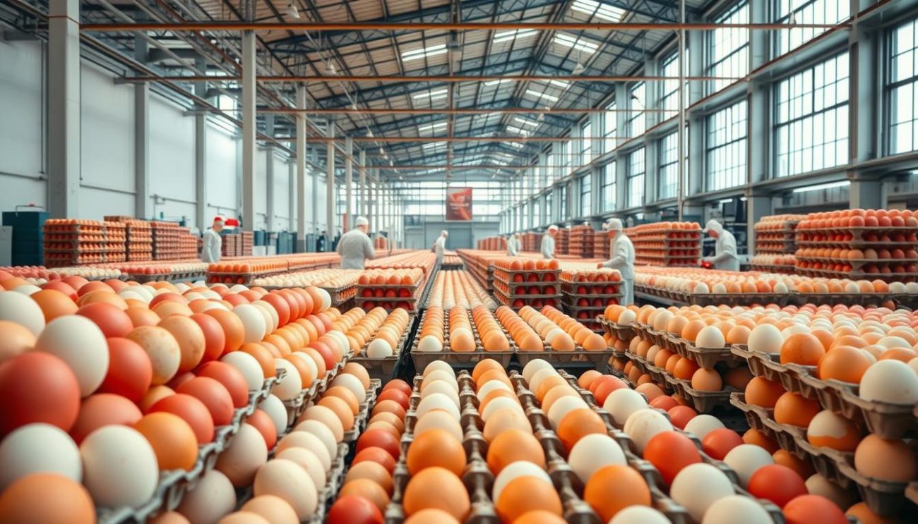 A large, modern wholesale egg distribution warehouse nestled in the heart of a bustling European city. The foreground features rows of stacked egg crates in various sizes, their pristine white and vibrant red shells glistening under the warm, diffused lighting. In the middle ground, workers in hygienic uniforms carefully sort and package the eggs, their movements efficient and precise. The background showcases the imposing industrial architecture, with high ceilings, steel beams, and expansive windows allowing natural light to flood the space. The atmosphere conveys a sense of organized productivity, cleanliness, and the commercial scale of the European wholesale egg trade.