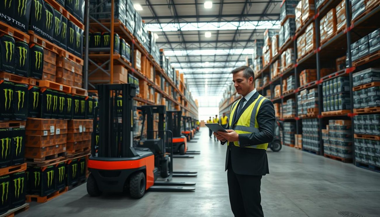 A large modern wholesale warehouse interior, with rows of pallets stacked high and shelves filled with Monster Energy Drink cases. Bright, diffuse lighting illuminates the scene, casting long shadows across the concrete floor. Forklifts and workers in high-visibility vests move efficiently through the space, facilitating the bulk purchasing process. In the foreground, a businessman in a suit examines inventory on a tablet, deep in concentration. The overall atmosphere conveys a sense of organized productivity, showcasing the streamlined wholesale experience offered by Zeki Frucht GmbH.