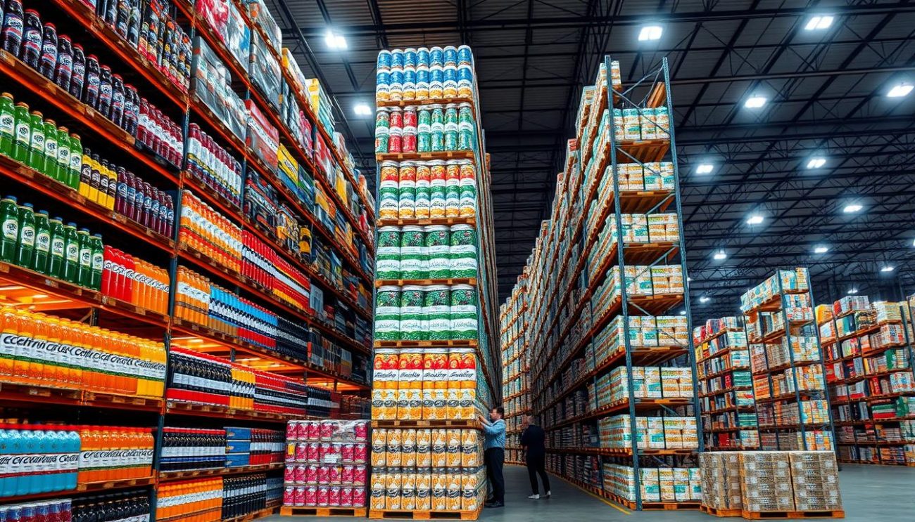 A large open-plan warehouse filled with towering shelves stocked to the brim with an assortment of hydration drinks in a variety of sizes and flavors. The shelves are illuminated by warm, overhead lighting that casts a soft glow, creating a welcoming and efficient atmosphere. In the foreground, several pallets are neatly arranged, showcasing the diverse range of products, from sports drinks and electrolyte-infused waters to fruit-flavored juices and sparkling beverages. The middle ground features employees diligently restocking the shelves, ensuring a seamless supply of these essential hydration solutions. The background features additional rows of shelves stretching into the distance, conveying the expansive scale and impressive inventory of this wholesale distribution center.