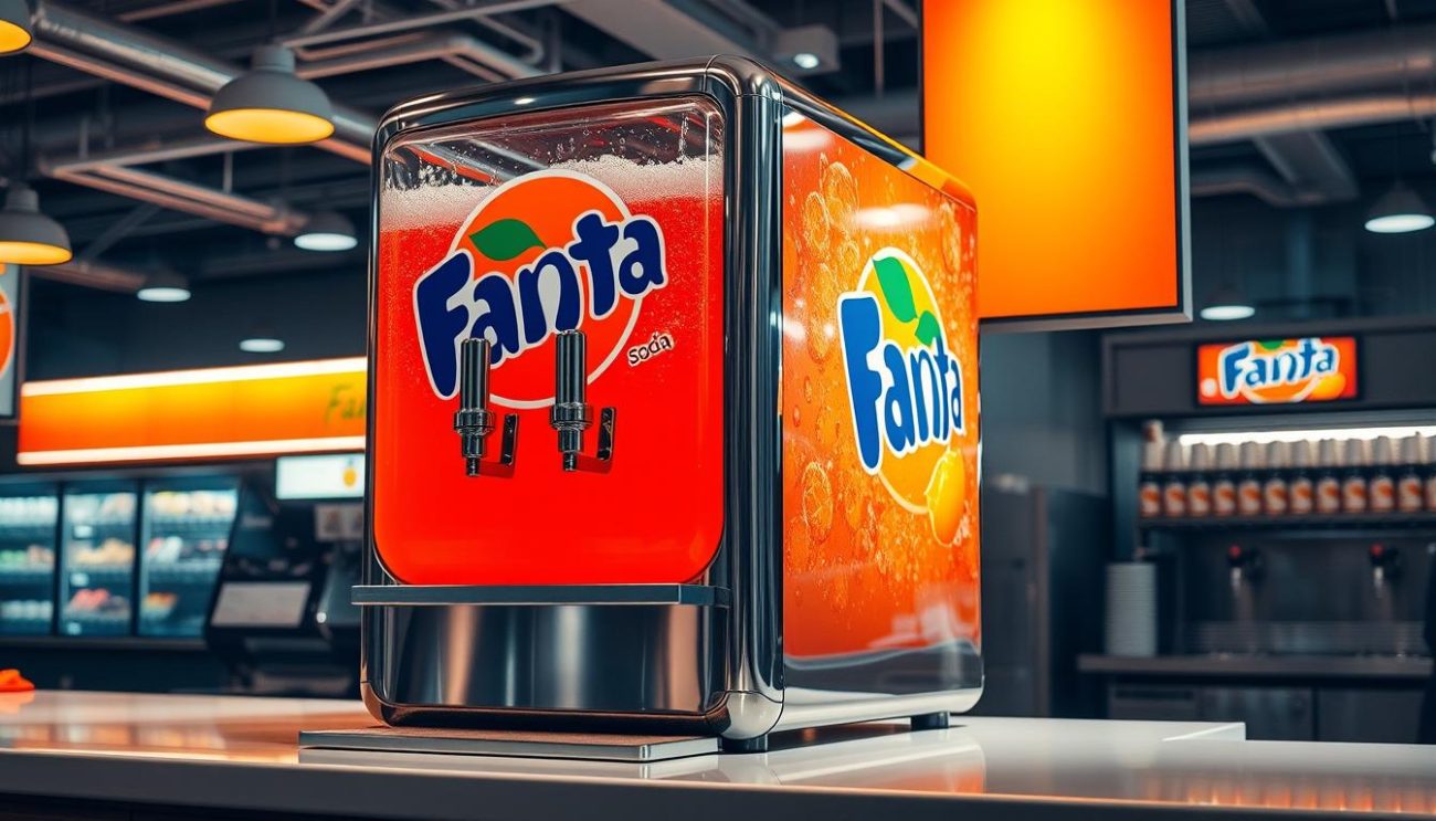 A large-scale Fanta soda fountain dispenser stands proudly in a well-lit, modern commercial space. The sleek, chrome exterior gleams under the warm, ambient lighting, inviting customers to fill their cups with the refreshing, bubbly orange beverage. The dispenser is situated on a clean, polished counter, providing easy access and ample space for efficient bulk purchasing. The scene conveys a sense of quality, convenience, and the advantages of buying Fanta in wholesale quantities for commercial or personal use.
