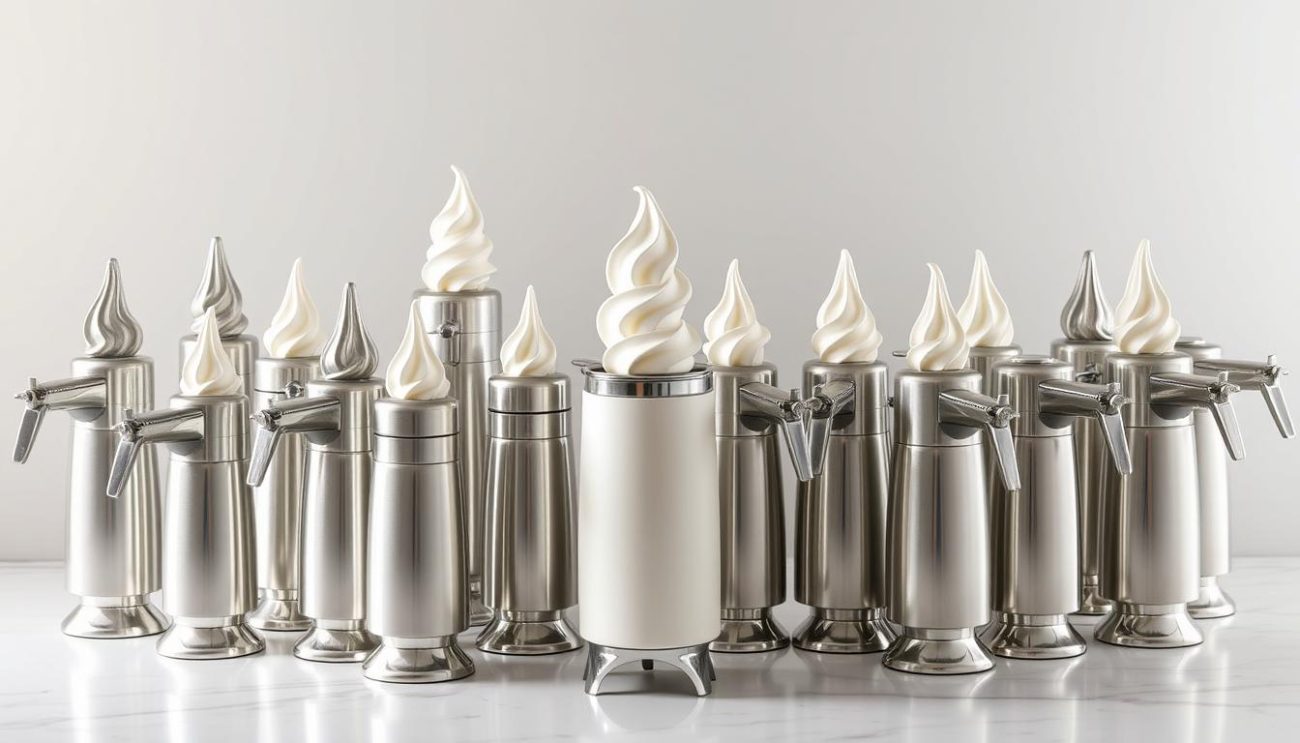 A large selection of whipped cream dispensers displayed on a clean, well-lit tabletop. The dispensers are arranged in a visually appealing, symmetrical layout, showcasing their various designs, sizes, and features. The lighting is soft and even, highlighting the glossy, metallic surfaces and the fluffy, white cream peeking out from the nozzles. The background is a simple, neutral color that allows the dispensers to take center stage. The overall mood is one of refinement, precision, and an appreciation for the functional beauty of these everyday kitchen tools.