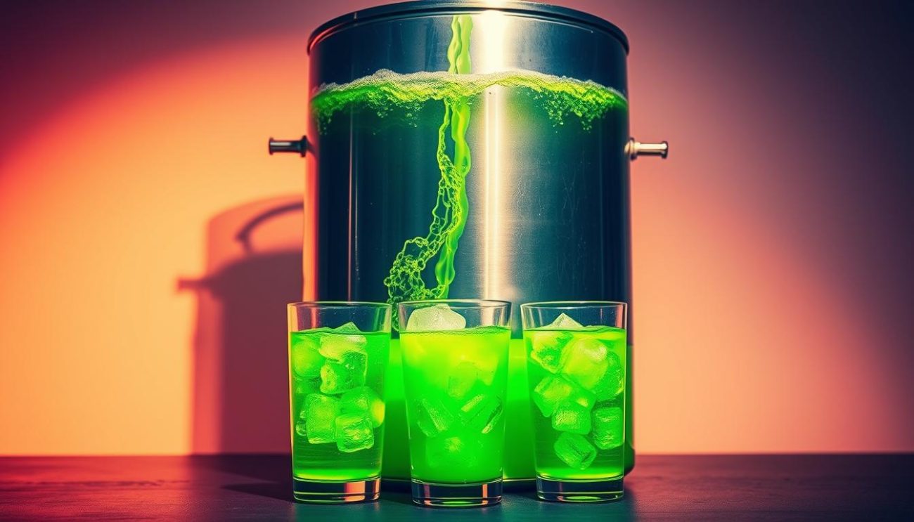 A large, stainless steel container filled to the brim with a vibrant, neon-green energy drink. The liquid gently swirls and bubbles, reflecting the warm lighting from above. Tall, glass tumblers with crushed ice stand ready, anticipating the bold, caffeinated pour. The scene is set against a clean, minimalist backdrop, allowing the energetic hue of the drink to take center stage. Crisp shadows and highlights accentuate the container's sleek, modern design. The overall atmosphere evokes a sense of refreshment and rejuvenation, perfectly capturing the spirit of the "Receitas com Monster Energy" section.