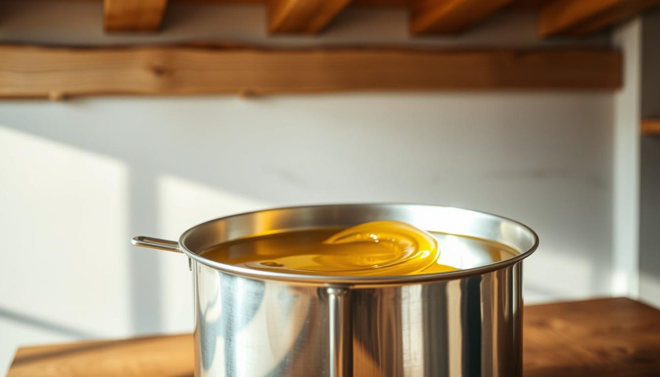 A large stainless steel container sits on a wooden table, sunlight glistening off its polished surface. Inside, a golden liquid swirls and gently ripples - fresh, high-quality sunflower oil, ready for decanting. The background is a soft, warm-toned interior, with natural textures and muted colors to create a sense of tranquility and attention to detail. The lighting is soft and diffused, casting gentle shadows and highlights that accentuate the oil's viscosity and color. The overall composition is balanced and visually appealing, conveying the care and precision required for proper sunflower oil storage and handling.