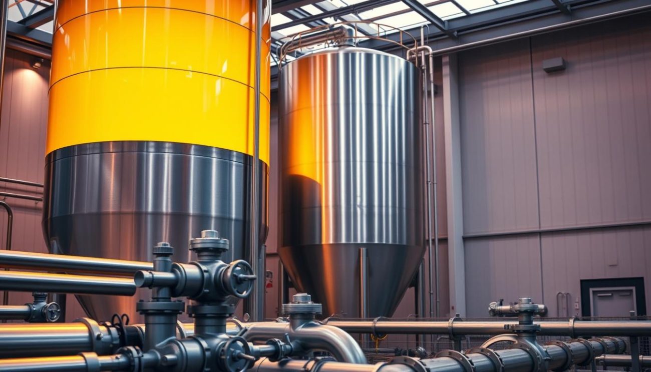 A large, stainless steel silo filled with golden, viscous canola oil stands prominently in a modern, industrial setting. Soft, warm lighting illuminates the silo's smooth, reflective surface, creating a serene, almost ethereal atmosphere. In the foreground, a network of metal pipes and valves hint at the sophisticated logistics required to handle and distribute this versatile, plant-based commodity. The background features a minimalist, architectural landscape, with clean lines and neutral tones that emphasize the functional, utilitarian nature of the scene. The overall composition conveys a sense of efficiency, reliability, and the growing importance of sustainable, plant-based oils in the global marketplace.
