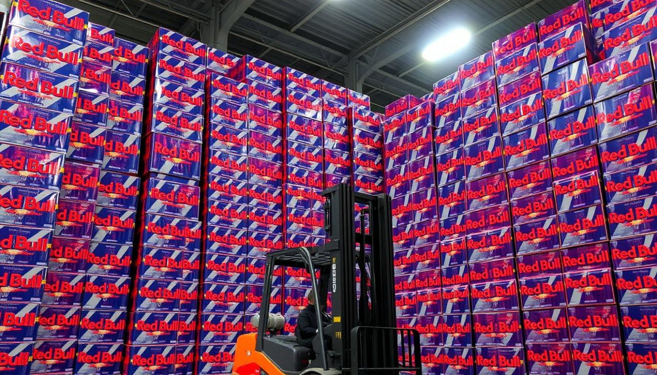 A large storage room filled with towering stacks of Red Bull energy drink crates, neatly arranged in rows and columns. Bright overhead lighting casts a warm glow, highlighting the vibrant red cans. The crates are labeled with the Red Bull logo, indicating a bulk wholesale supply. In the foreground, a forklift stands ready to transport the bulky cargo, suggesting an efficient logistics operation. The overall scene conveys a sense of abundance, organization, and the advantages of purchasing Red Bull in bulk at a discounted price. A large storage room filled with towering stacks of Red Bull energy drink crates, neatly arranged in rows and columns. Bright overhead lighting casts a warm glow, highlighting the vibrant red cans. The crates are labeled with the Red Bull logo, indicating a bulk wholesale supply. In the foreground, a forklift stands ready to transport the bulky cargo, suggesting an efficient logistics operation. The overall scene conveys a sense of abundance, organization, and the advantages of purchasing Red Bull in bulk at a discounted price.