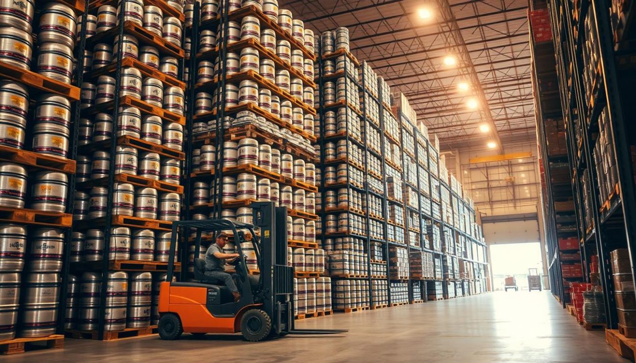 A large warehouse filled with rows of stacked beer kegs and cases, the air thick with the aroma of malt and hops. In the foreground, a forklift operator expertly maneuvers through the inventory, the warm glow of industrial lighting casting shadows across the shelves. The background is dominated by a towering racking system, neatly organized and brimming with a diverse selection of premium beer brands. The overall atmosphere conveys a sense of efficiency, reliability, and a deep commitment to providing high-quality wholesale beer to discerning customers.